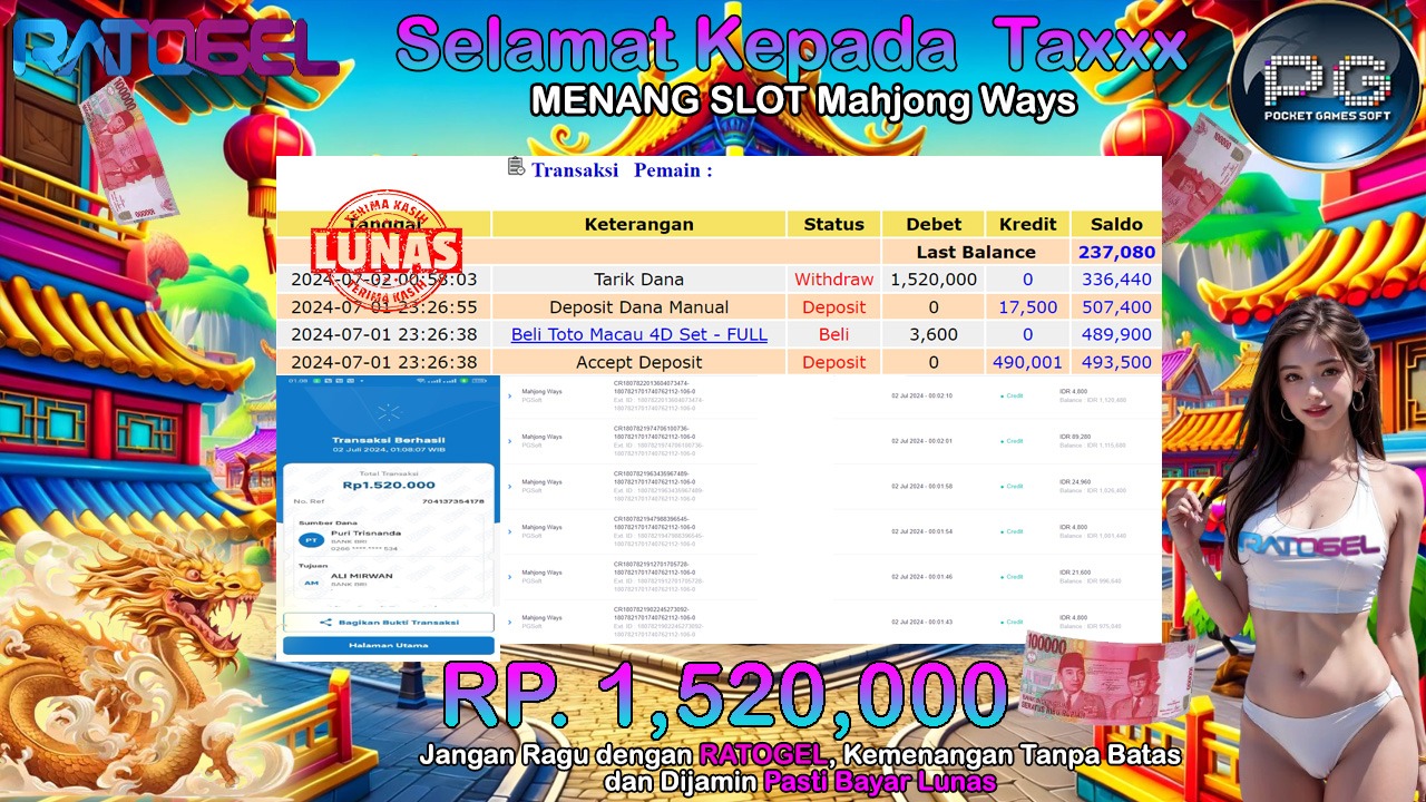 BUKTI JACKPOT SLOT MAHJONG WAYS TERPERCAYA DI INDONESIA TGL 02-07-2024