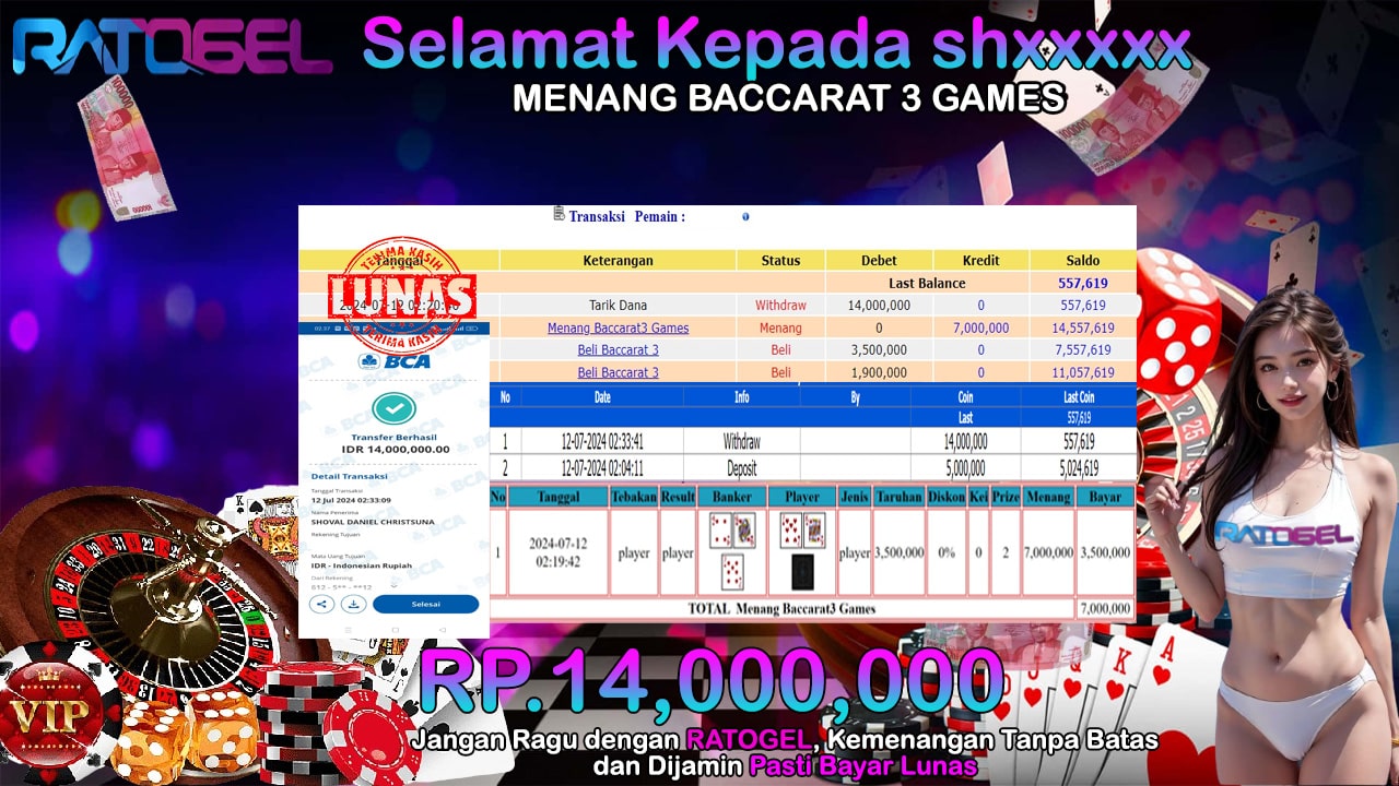 BUKTI JACKPOT BACCARAT  3 GAMES TERPERCAYA DI INDONESIA TGL 12-07-2024