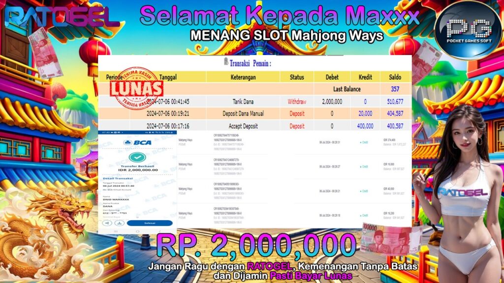 BUKTI JACKPOT SLOT MAHJONG WAYS TERPERCAYA DI INDONESIA TGL 06-07-2024