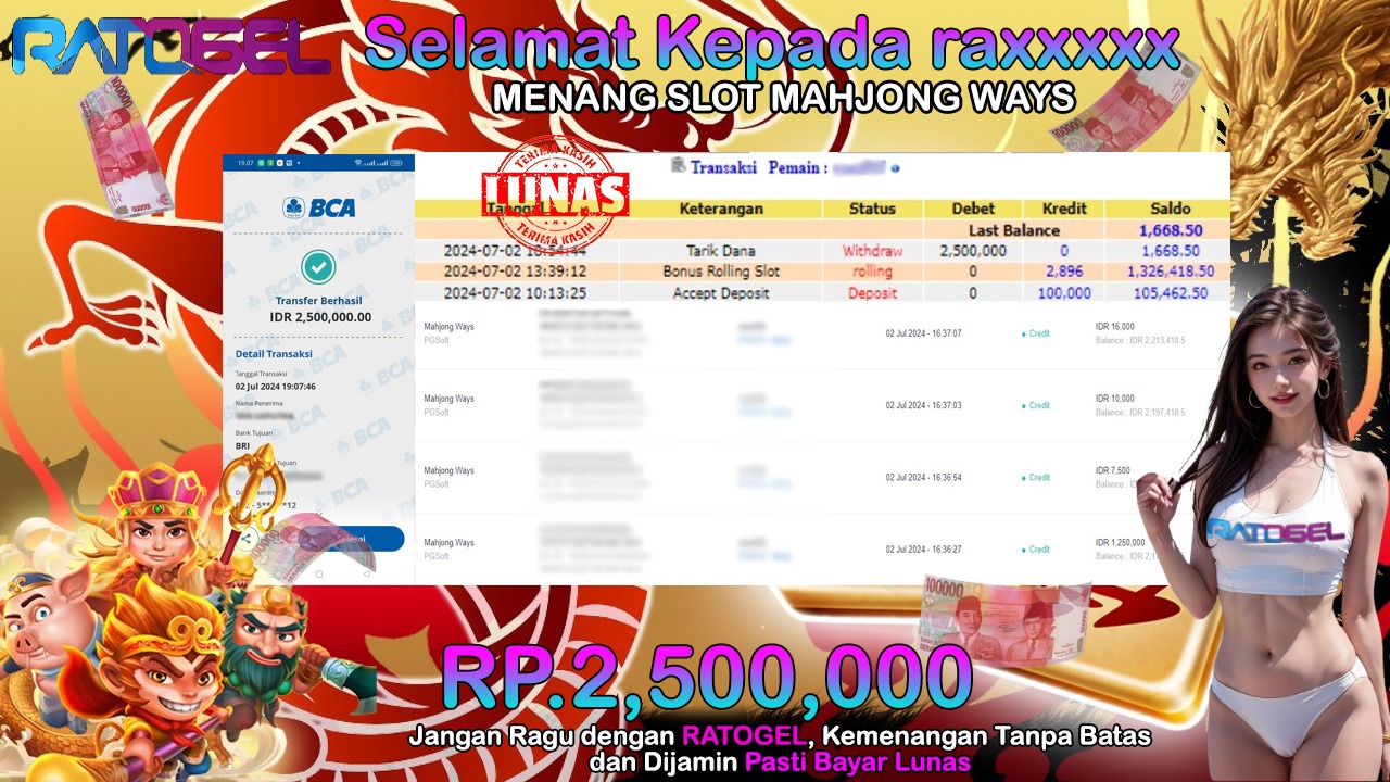 BUKTI JACKPOT SLOT MAHJONG WAYS TERPERCAYA DI INDONESIA TGL 02-07-2024