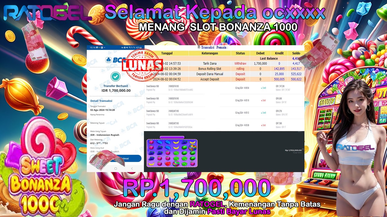 BUKTI JACKPOT SLOT SWEET BONANZA 1000 TERPERCAYA DI INDONESIA TGL 02-08-2024