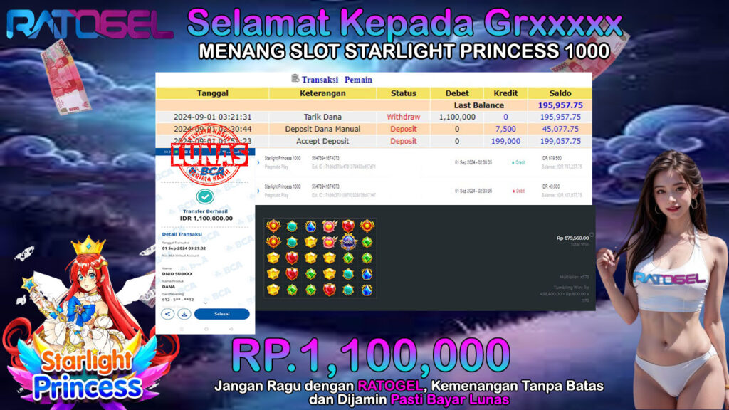 BUKTI JACKPOT SLOT STARLIGHT PRINCESS 1000 TERPERCAYA DI INDONESIA TGL 01-09-2024