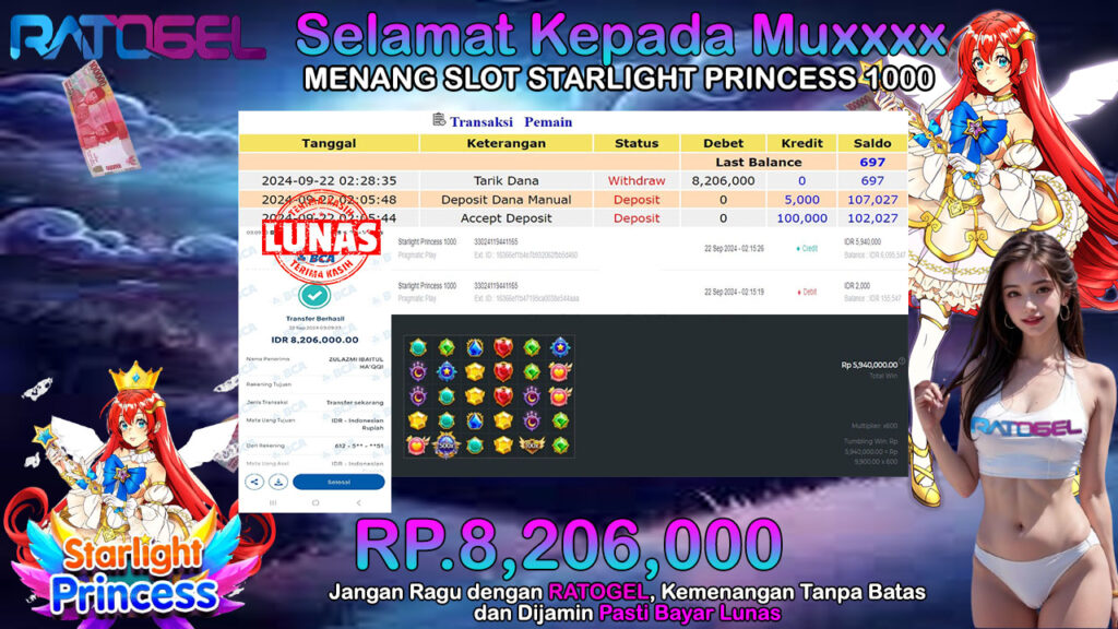 BUKTI JACKPOT SLOT STARLIGHT PRINCESS 1000 TERPERCAYA DI INDONESIA TGL 22-09-2024