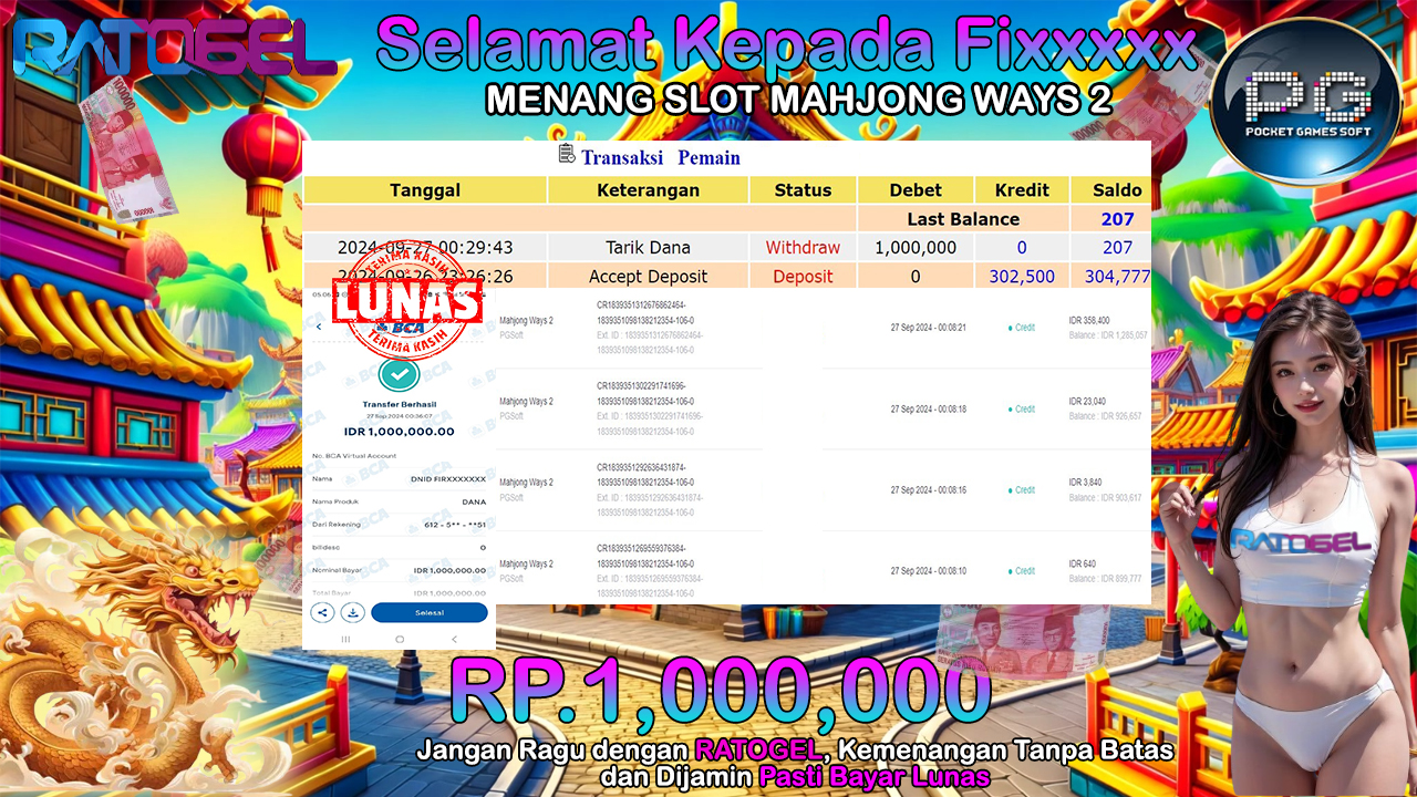 BUKTI JACKPOT SLOT MAHJONG WAYS 2 TERPERCAYA DI INDONESIA TGL 27-09-2024