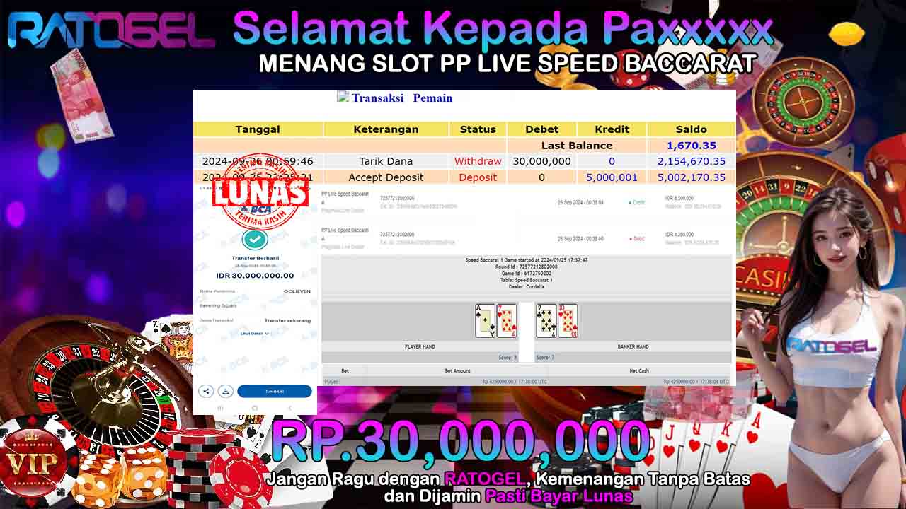 BUKTI JACKPOT PP LIVE SPEED BACCARAT TERPERCAYA DI INDONESIA TGL 26-09-2024