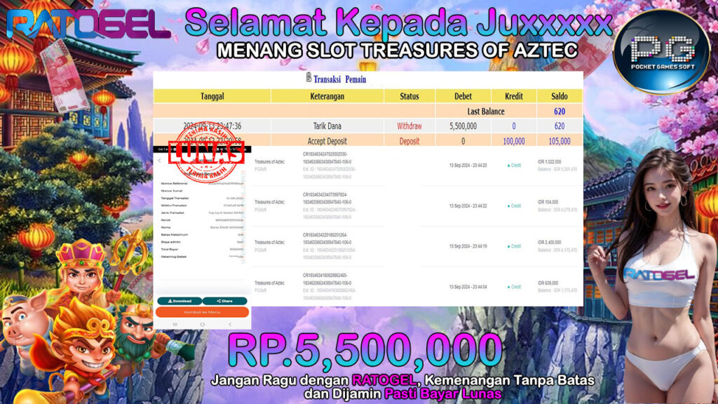 BUKTI JACKPOT SLOT TREASURES OF AZTEC TERPERCAYA DI INDONESIA TGL 14-09-2024