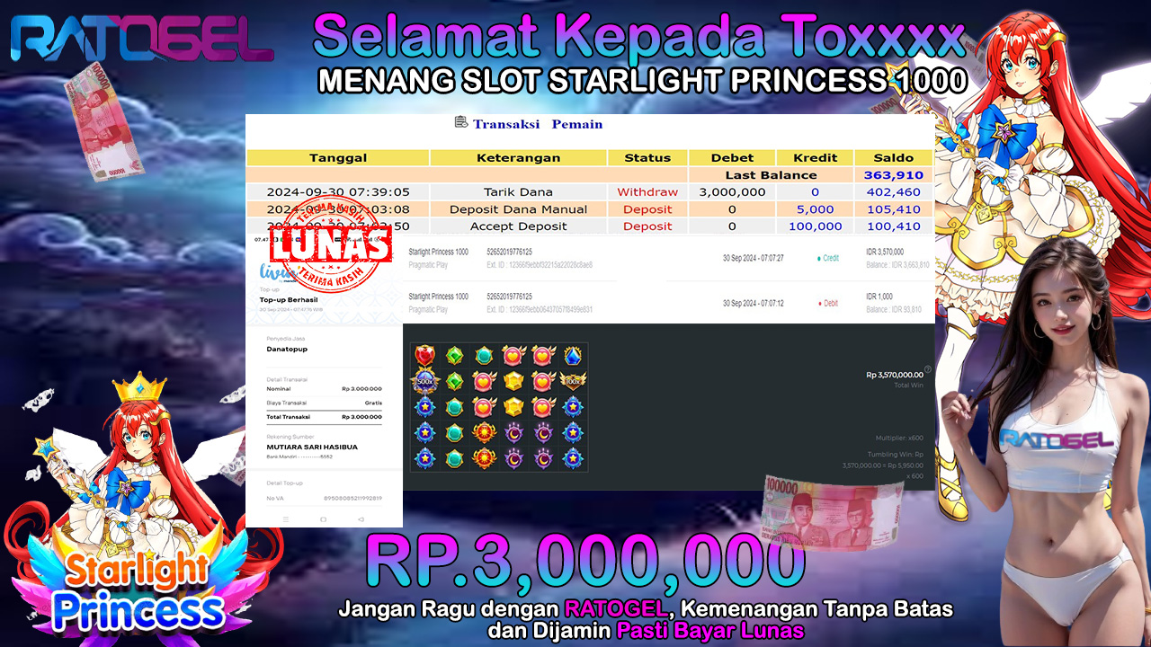 BUKTI JACKPOT SLOT STARLIGHT PRINCESS 1000 TERPERCAYA DI INDONESIA TGL 30-09-2024