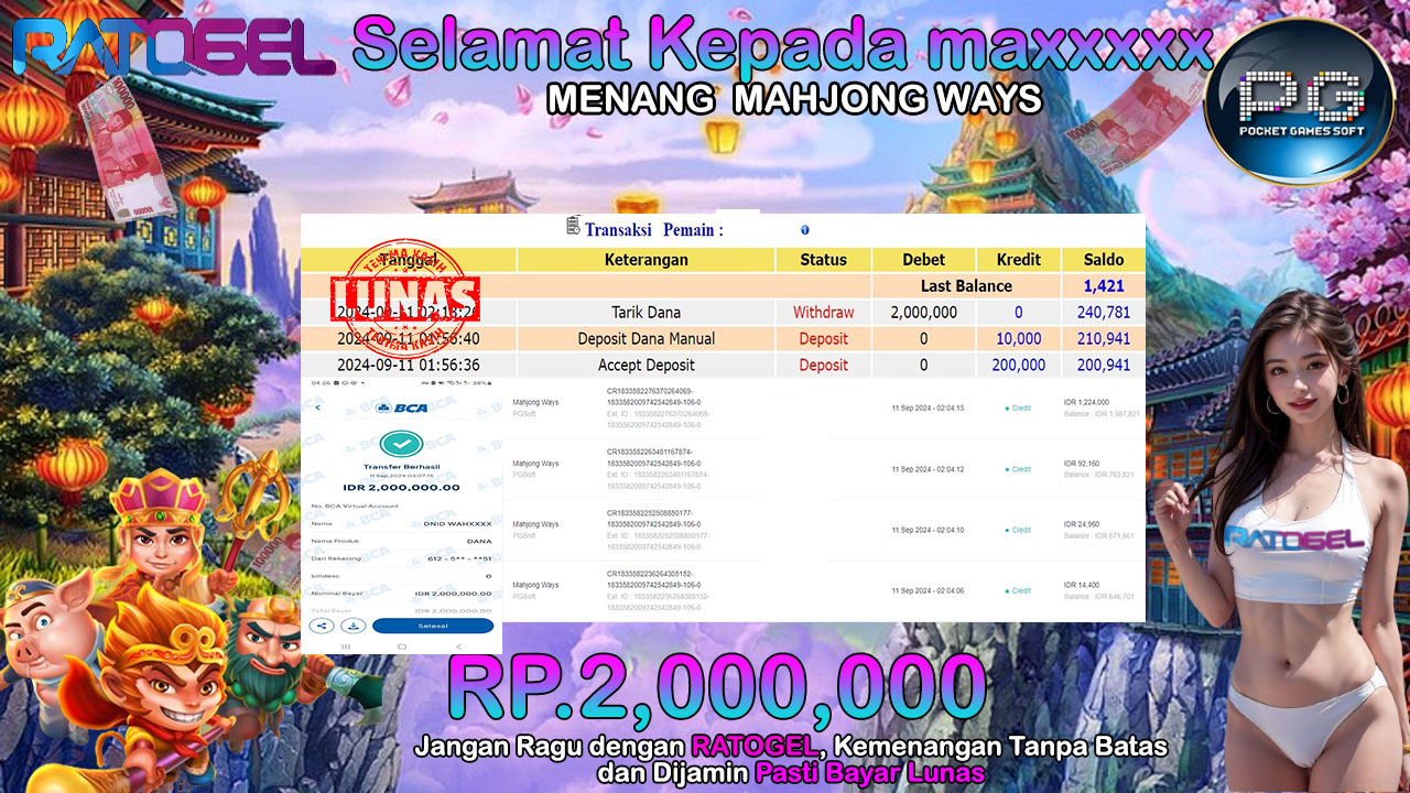 BUKTI JACKPOT SLOT MAHJONG WAYS TERPERCAYA DI INDONESIA TGL 11-09-2024