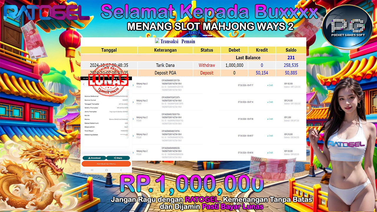 BUKTI JACKPOT SLOT MAHJONG WAYS 2 TERPERCAYA DI INDONESIA TGL 07-10-2024