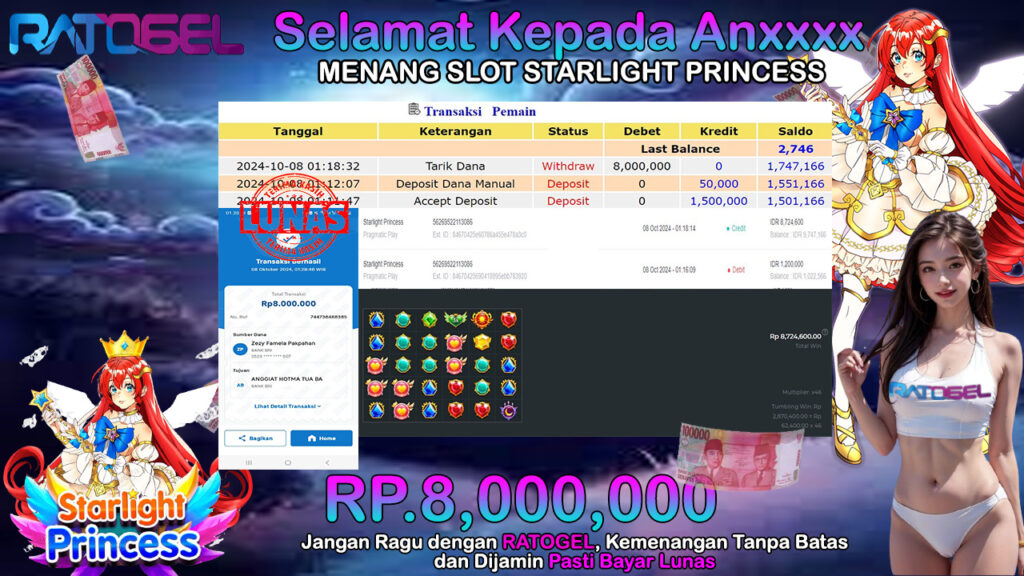 BUKTI JACKPOT SLOT STARLIGHT PRINCESS TERPERCAYA DI INDONESIA TGL 08-10-2024