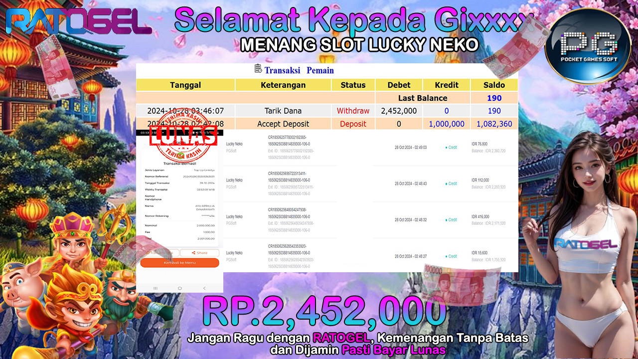 BUKTI JACKPOT SLOT LUCKY NEKO TERPERCAYA DI INDONESIA TGL 28-10-2024